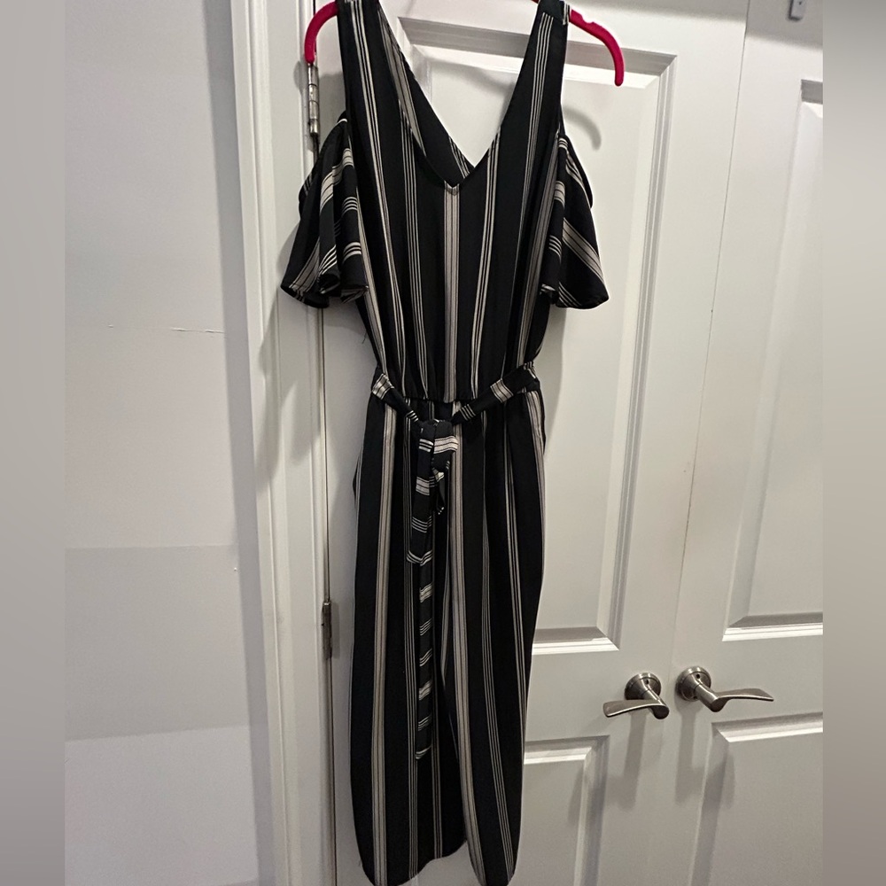 Elegant Black and White Striped Pant Romper, Size Large